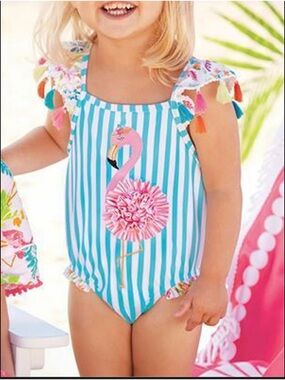 Mud Pie Baby Swimsuit - Flamingo Striped - One-Piece - 9-12 Months